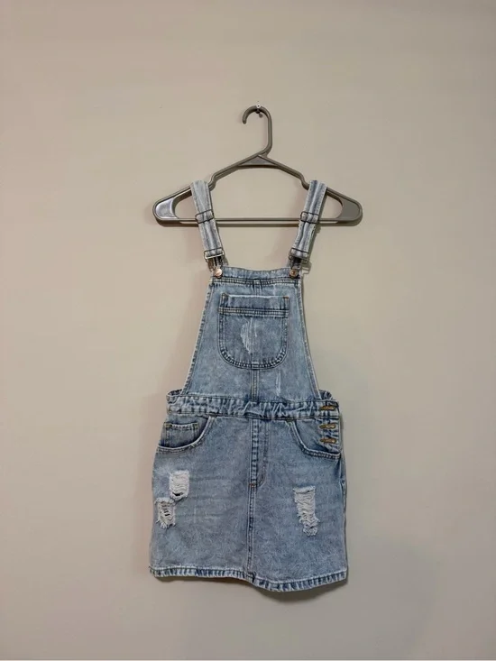 Forever 21 Light Blue Distressed Denim Overall Dress for Kids