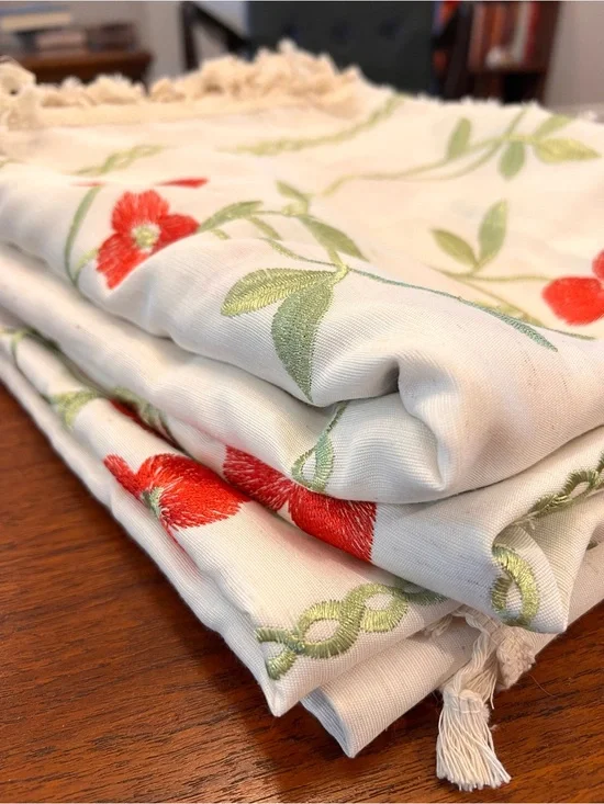 2 Panel 96” Curtain Set Linen Look Ivory Red Green Floral Embroidered Vines Boho