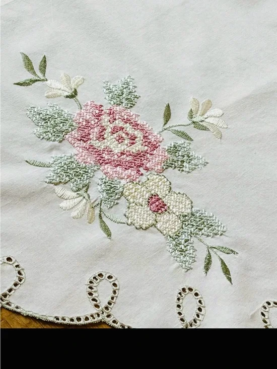 Set (2) Vintage Embroidered Floral Cottagecore Valances. Ecru | Cross Stitched