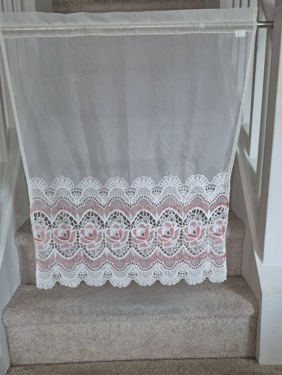 White Sheer Panel with Dark Rose Lace Floral Border 30x35