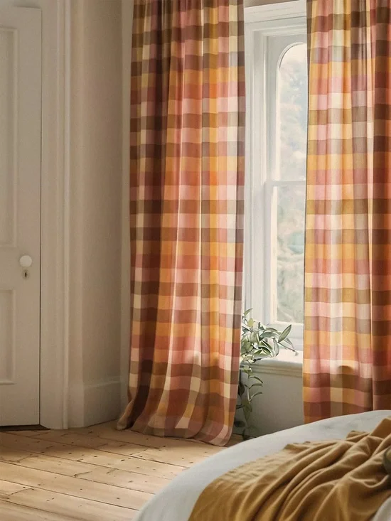 Anthropologie Woven Semi-Sheer Cotton Plaid Curtain warm multi