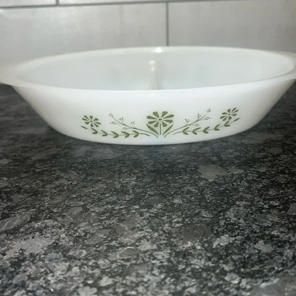 Divided milk glass casserole dish. Green floral daisy pattern 8x5. Excellent