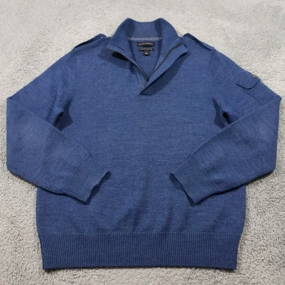 Banana Republic Wool Blend Sweater Mens Large Blue Pullover 1/4 Zip Epaulletes