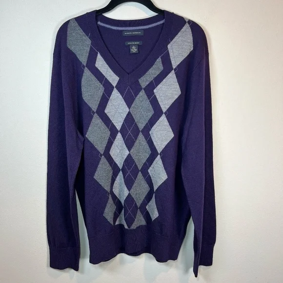 Banana Republic Merino Wool Argyle Sweater Purple V-Neck Preppy Office  Sz Large
