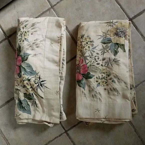 2 Vtg Imperfect Curtain Panel Yellow Pink Floral FrenchCountry Crafters Upcycle
