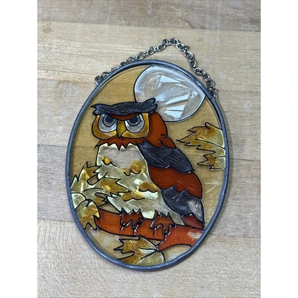Vintage Stained Glass Owl Suncatcher Hanging Window Panel Autumn Fall Decor