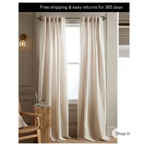 Quince Coastal Stripe Linen Cotton light Filtering Curtain 48 x 96 ivory