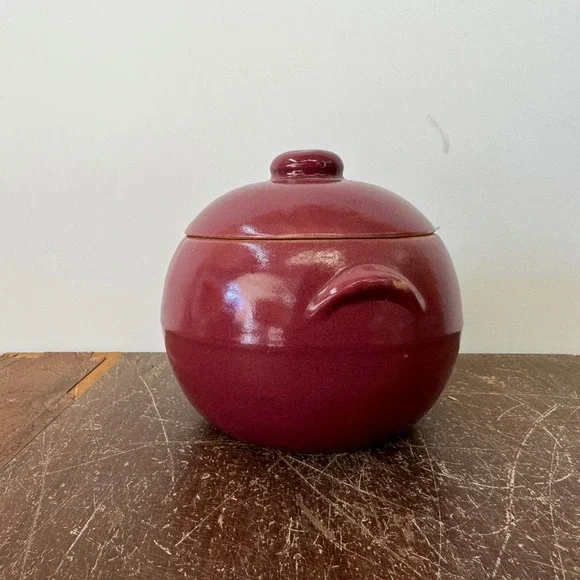 Uhl Pottery Co. Crock Stoneware Grease Drip‎ Burgundy Glaze Ceramic Lid Vintage