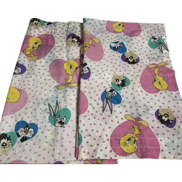 1994 Set 2 Panels Vintage Looney Tunes Pink Hearts Curtains 40