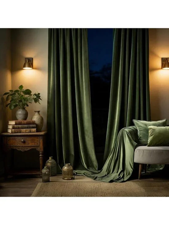 Luxe Olive Green Velvet Curtain Panel - Elegant Drapery