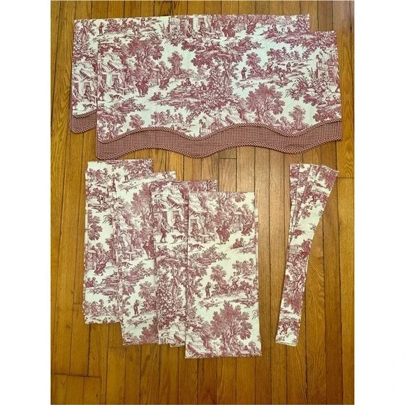 Vintage French Country Red Toile Window Treatment Set 10 Pc Cotton Made USA