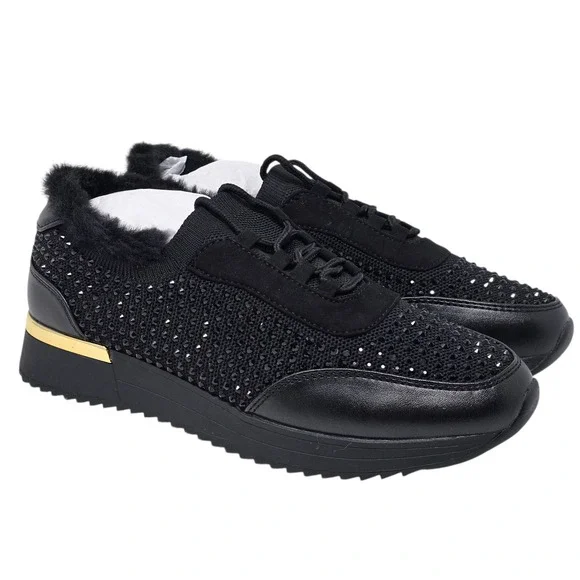 Kenneth Cole Reaction‎ Women Black Faux Fur Jewel Jogger Sneaker Size 7 NIB