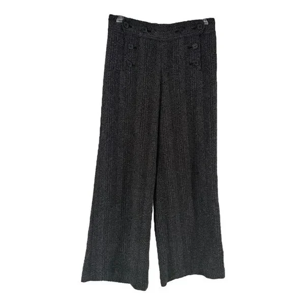 Max Studio Wide Leg Trouser Pants Womens Size 8 Black Sailor Button Career Tweed