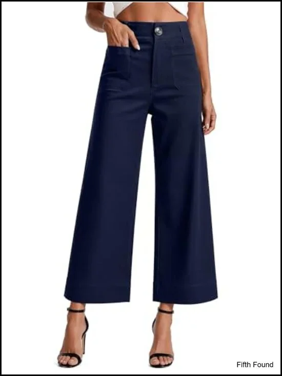 High Waist Wide Leg Cropped Pants Stretchy Work Pants with Pockets