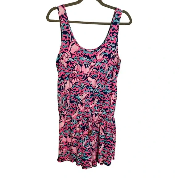 Lilly Pulitzer Tala Pink Blue Lobster Print Sleeveless Romper Small Resort
