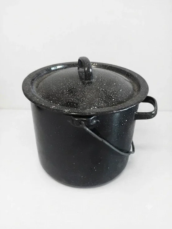 Vintage Black Speckled Enamelware Pot with Lid and Bail Handle