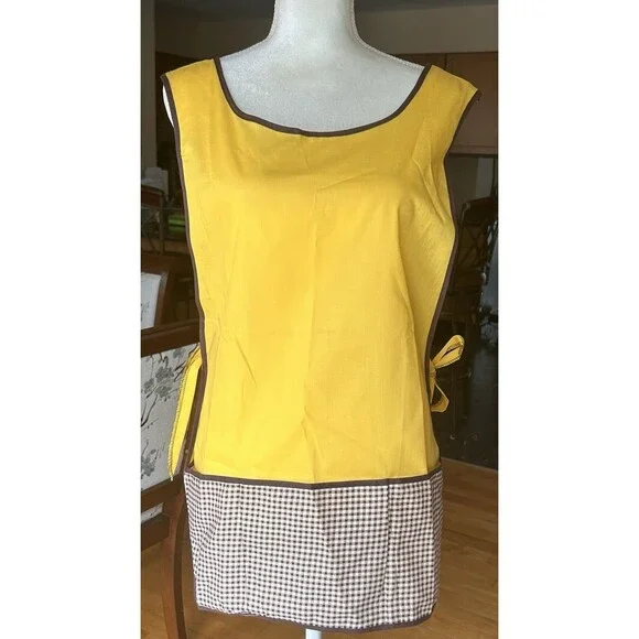 Vtg Apron Mustard Yellow & Brown 3 Pockets Homespun 1970 s‎ Cottage Grandma Core