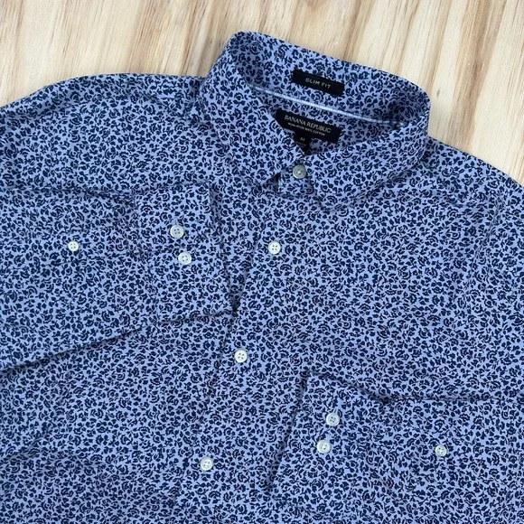 Banana Republic Men's Slim Fit Blue Floral Cotton Shirt M Long Sleeve Non Iron