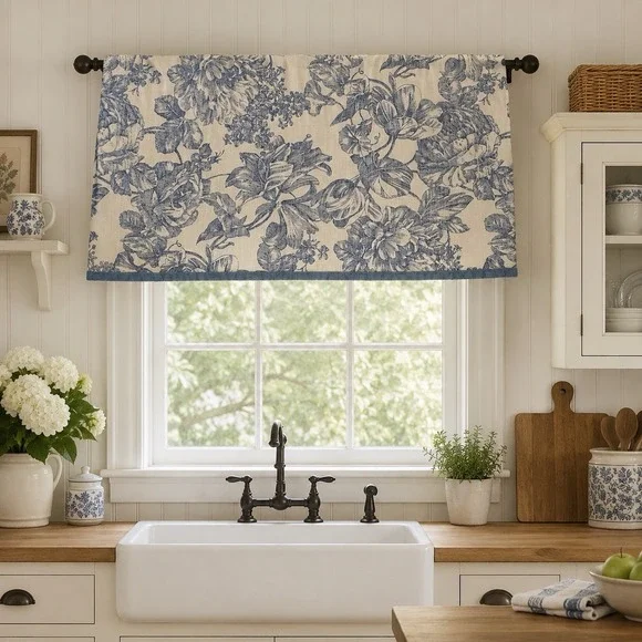 WAVERLY Garden Room Curtain Panels Valance Ivory/Blue Floral Toile 58