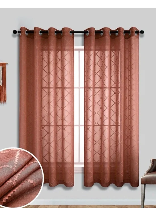 Sheer Grommet Diamond Linen Curtain Panel - Rust Terracotta