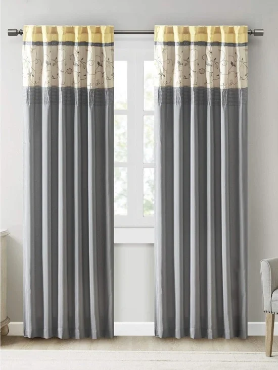 3 Grey Curtain Panels with Yellow and Cream Decorative Top - 50W X 84L
