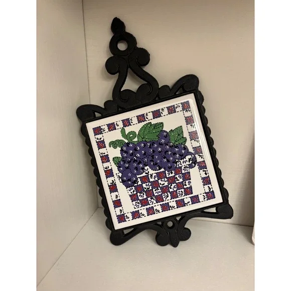 Vintage Cast Iron Ceramic Tile Trivet Grape Basket Wall Hanging Decor Taiwan