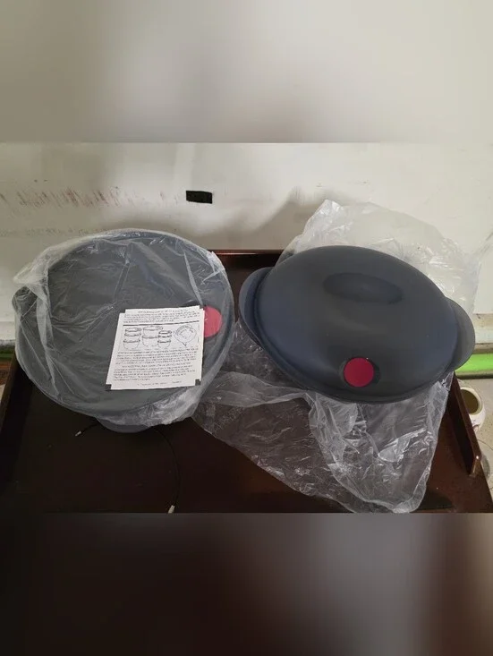 Tupperware Gray Pop-Button Microwave Cookware Set with Red Accents