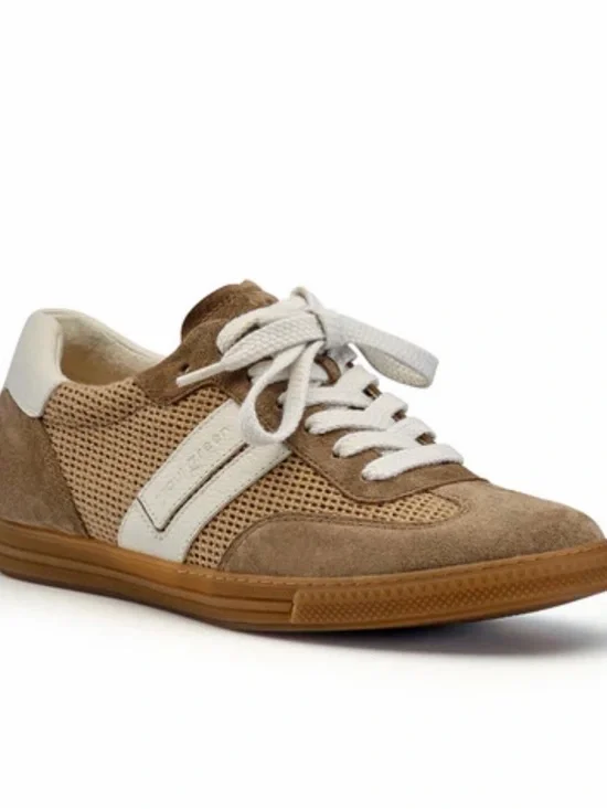 Paul Green Women's Suede & Mesh Sneaker in Tan and White