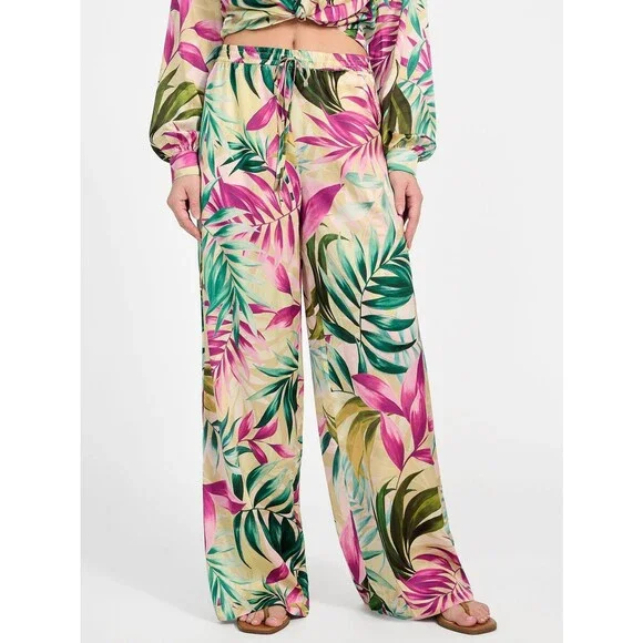 GUESS Ines Wide-Leg Pants Women's M Tropical Escape Print Elastic Waist Pull On
