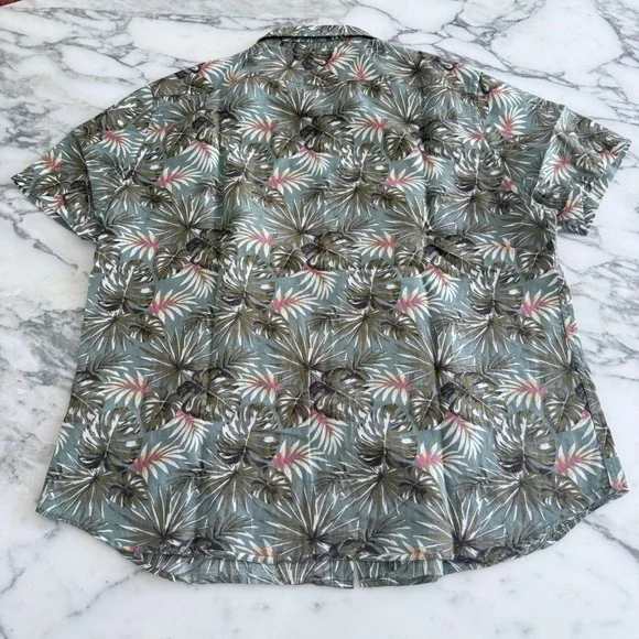 Banana Republic Mens XL Slim Fit Linen Tropical Palm Leaf Print Shirt Green
