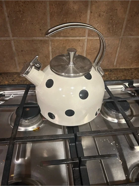 kate spade White Polka Dot Whistling Stovetop Kettle with Stainless Accents