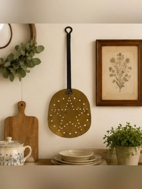 Vintage Brass Skimmer Strainer | Rustic Farmhouse Kitchen Wall Decor | Primitive