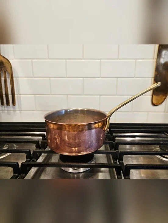 Vintage French Copper Pot W/Brass Handle, Sauce Pot, Unmarked Tin-Lined Saucepan