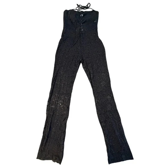 Black‎ Floral Lace Lace-Up Front Strapless Jumpsuit Gothic Coquette Small