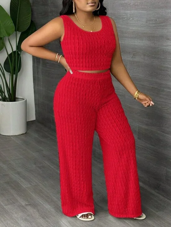Red Casual Women's Plus Size Tank Top And Pants Set