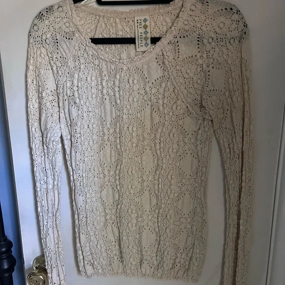 Free People Ivory Crochet Knit Long Sleeve Top