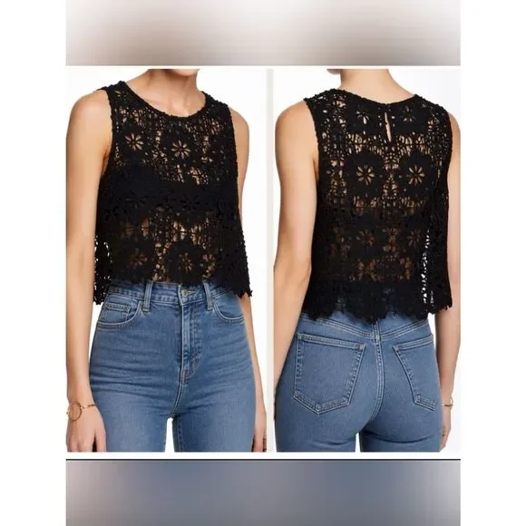 Rare~ Free People Black Crochet Floral Lace Tank Size XS