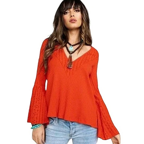 Free People Parisian Nights V-neck Waffle Knit Top Vermillion Red Size XS NWT