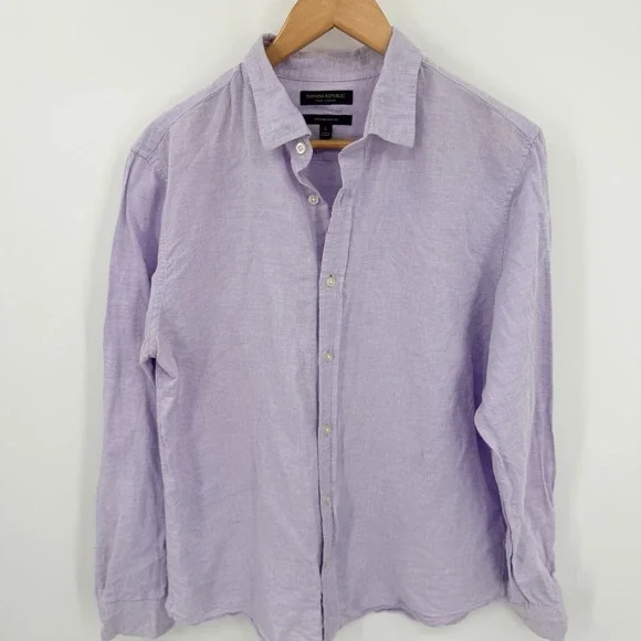 Banana Republic Linen Cotton Sz L Untucked Slim Fit Button Up Shirt Lilac Beachy
