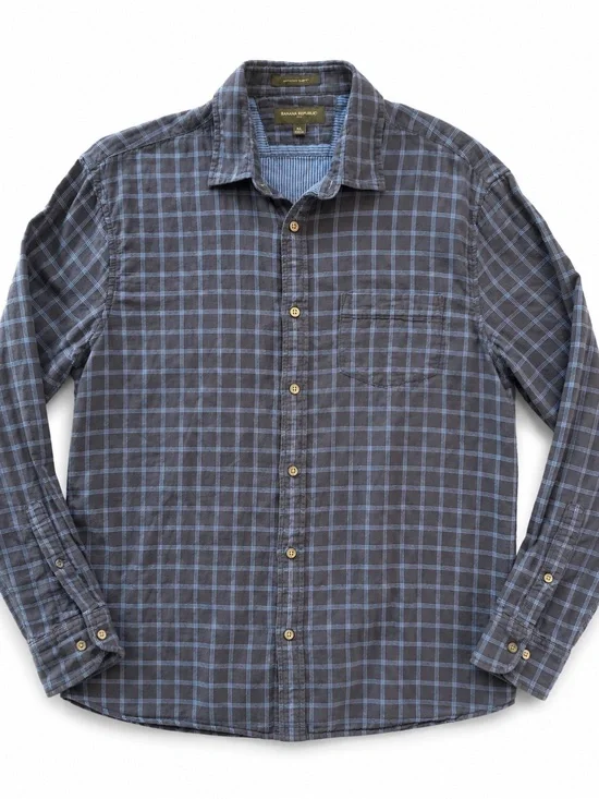 Banana Republic Untucked Slim Fit Blue Plaid Button Up Shirt Men’s XL Cotton