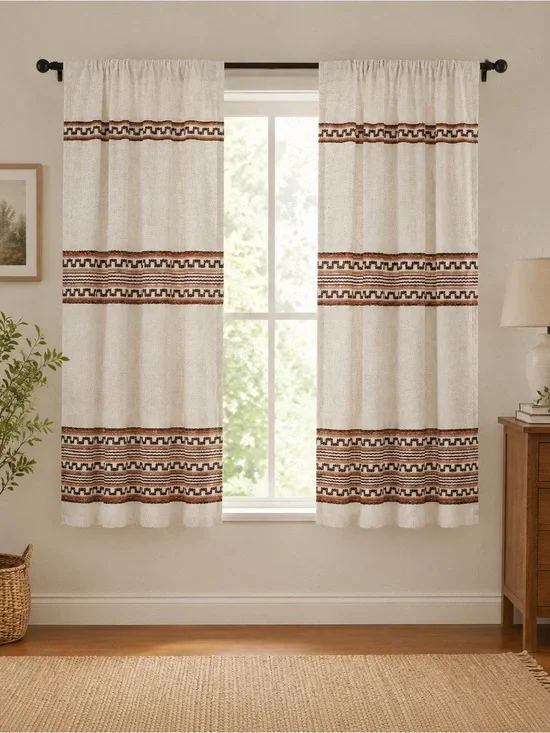 VTG 1970s Sears Woven Curtains Panels cream Brown Orange Tan 63” x 47”
