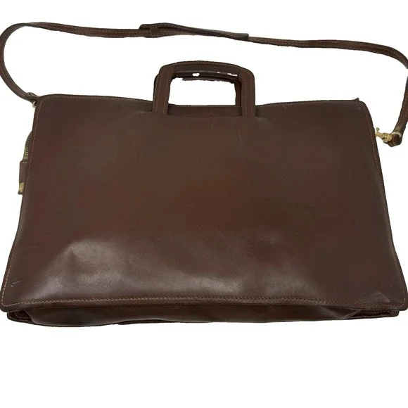 Vintage Leather Briefcase Brown Attache Portfolio Bag Shoulder Strap 60s 70s