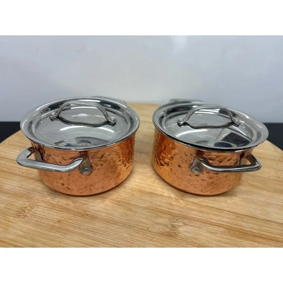 Williams Sonoma Mini Copper Pot Cocottes Set of 2 Hammered Style 0.5 QT.