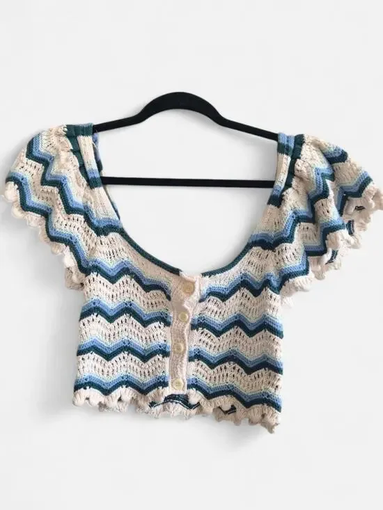 Zara Boho Blue And Cream Striped Crochet Knit Button Up Crop Top
