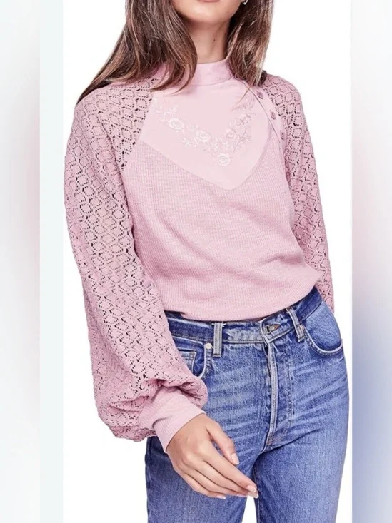 Free people Pink Lace Sleeve Sweater Top Embroidery