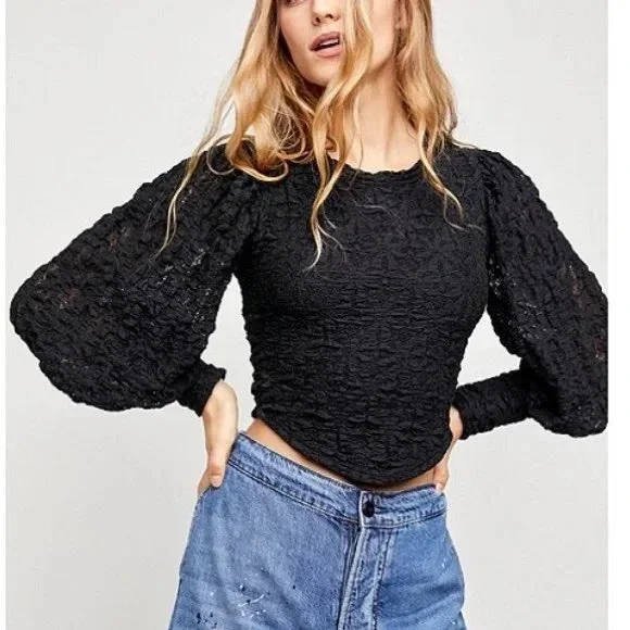 Free‎ People Tea Time Lace Puff Sleeve Top Black Small