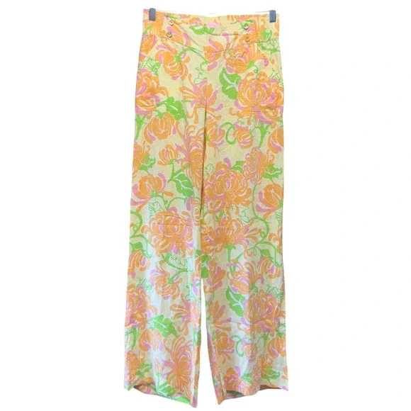 Lilly Pulitzer Gia Printed Linen Pants Yellow Floral Wide Leg Small NWT
