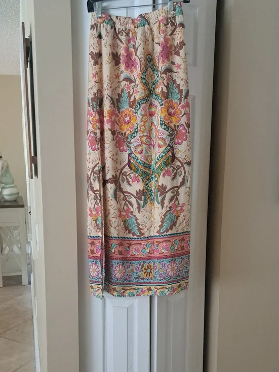 Blush Pink, Yellow,pink  Floral Bird  Printed Maxi Skirt Slit Sides SzS EUC