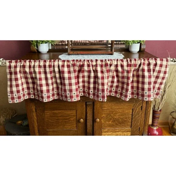 Set Of 3 Americana Patriotic Red Buffalo Plaid Blue Stars Curtain Valance Topper