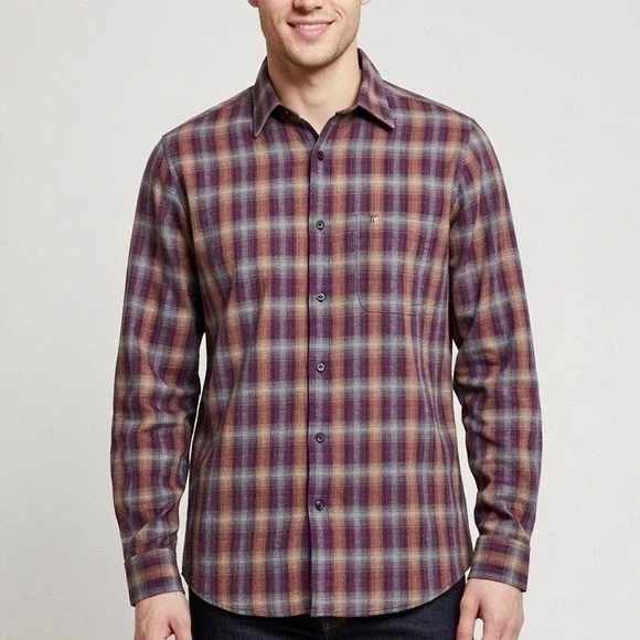 Banana Republic‎ Luxe Flannel Shirt Mens XL Tall Camden Fit Plaid Purple Orange
